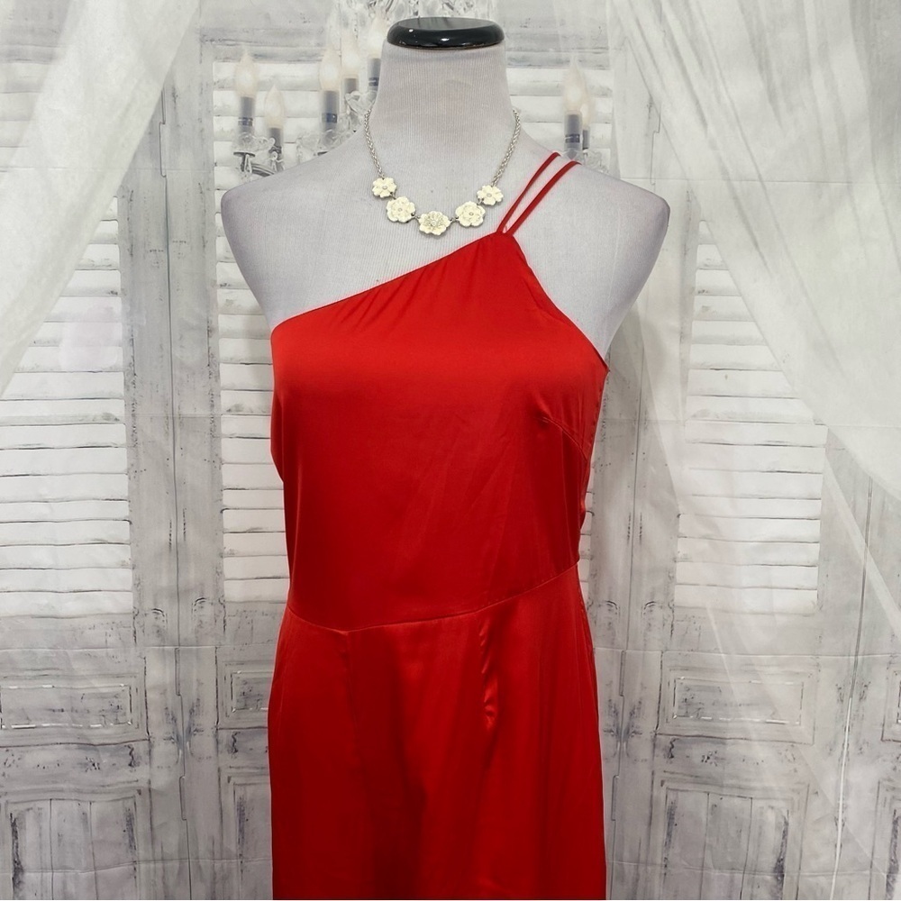 sugar + lips Medium Solid Red Satin One Shoulder Jumpsuit Sleeveless Cocktail - Picture 3 of 6